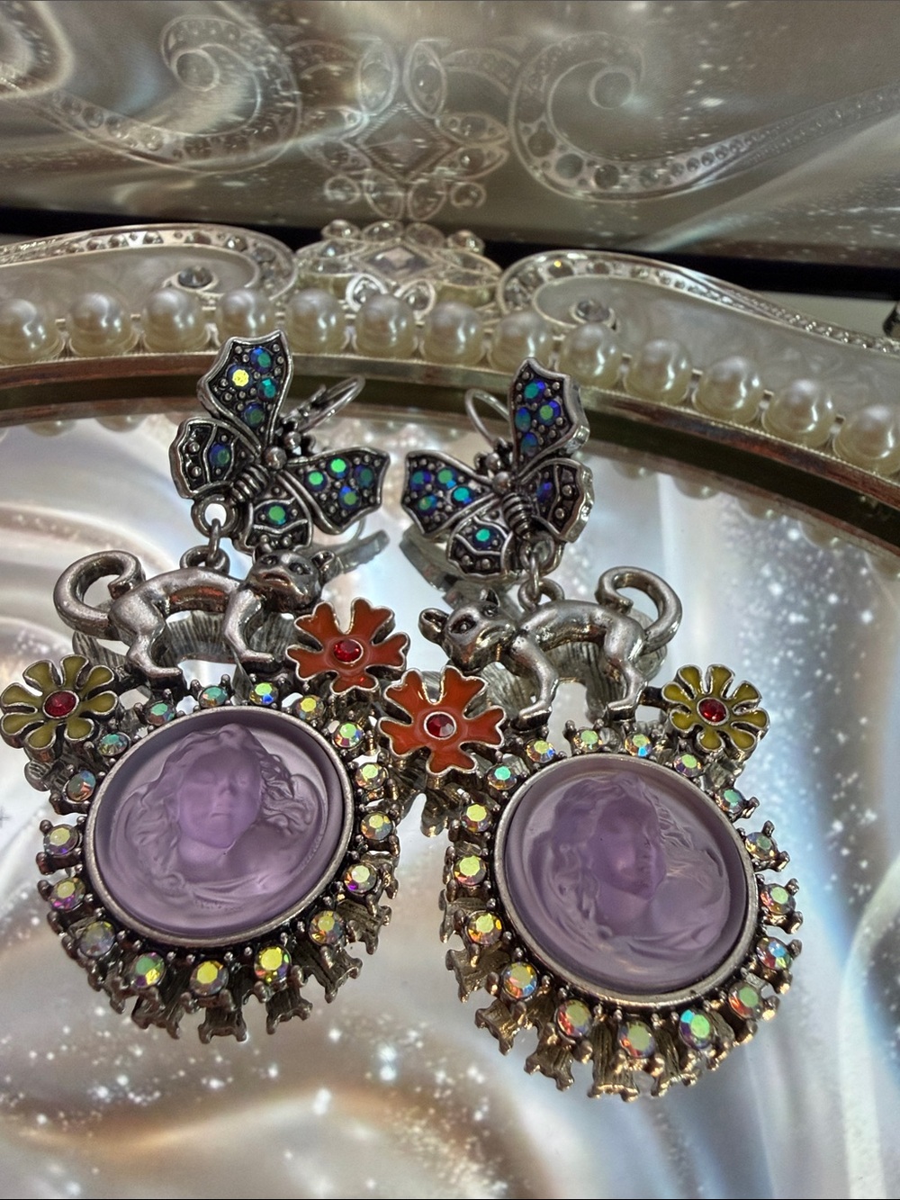 Kirks Folly Purple Cameo Butterfly Floral Drop Earrings
